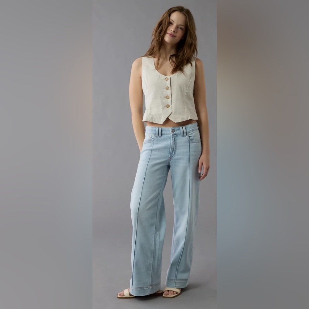 AE Dreamy Drape Stretch Low-Rise Baggy Wide-Leg Jean Size 2 Long